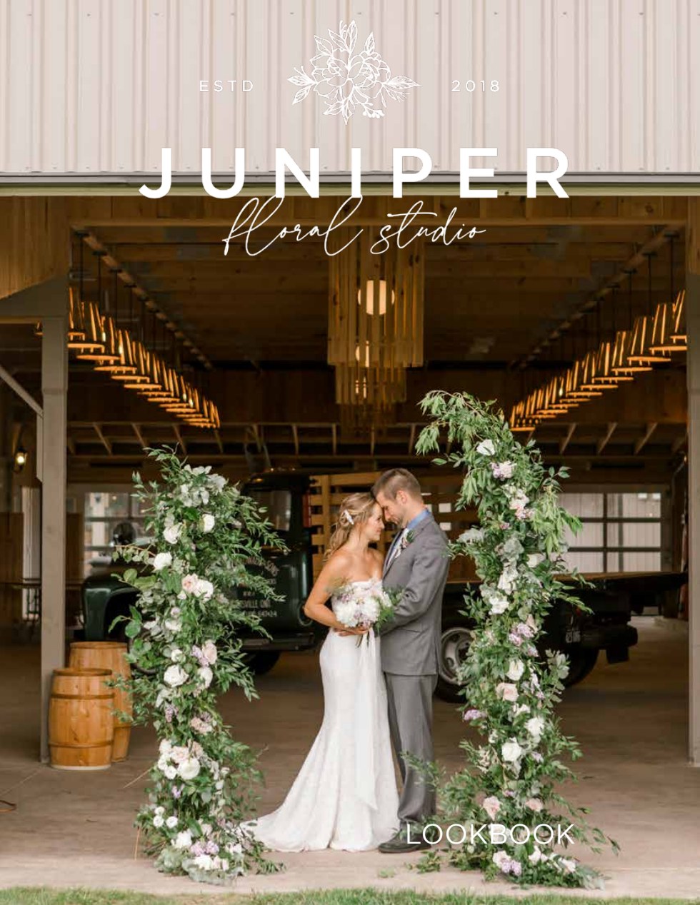 The Juniper Floral Studio look book cover — a couple beneath a garden-style ceremony arch
